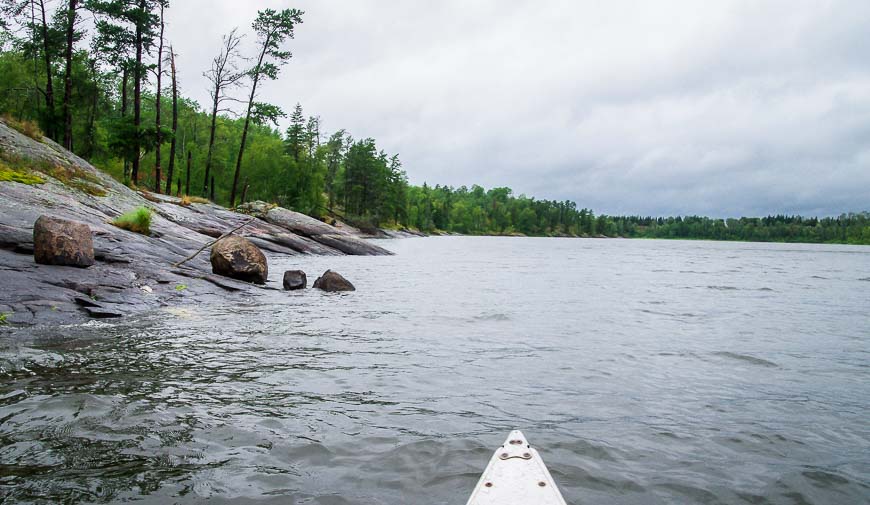 Canoeing down Caddy Lake - in the only calm section of the lake