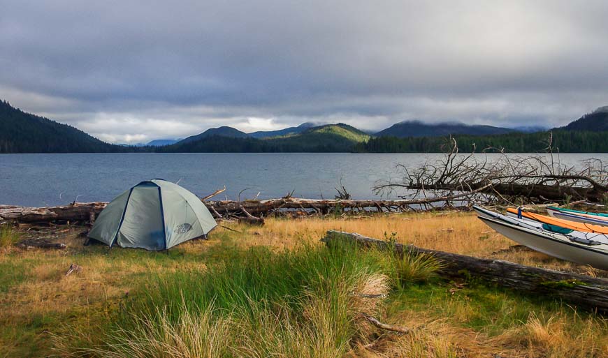 Our tent with a view down towards Burnaby Narrows on the last night out