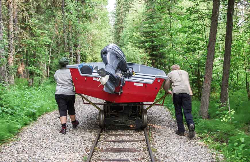 A 1 km rail portage that ends on Kingsmere Lake