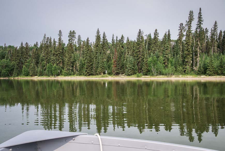 The trail to Grey Owl's cabin starts at the white sign