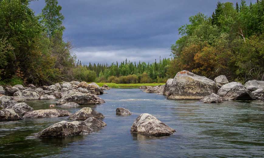 Looking back at an easy rapid we paddled while canoeing the Cameron River