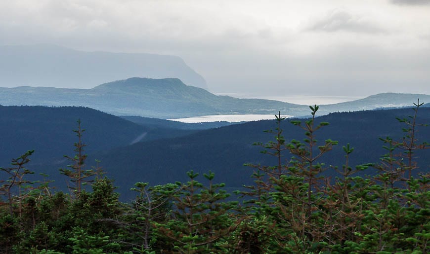 Distant views of the Tablelands on the way down from Gros Morne Mountain