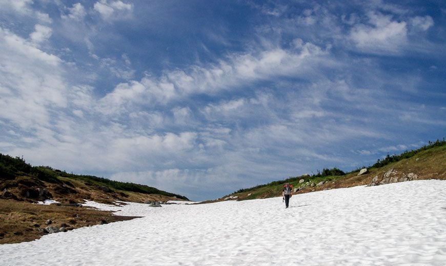 Early July and there are still plenty of snowfields to cross - but the walking is easy