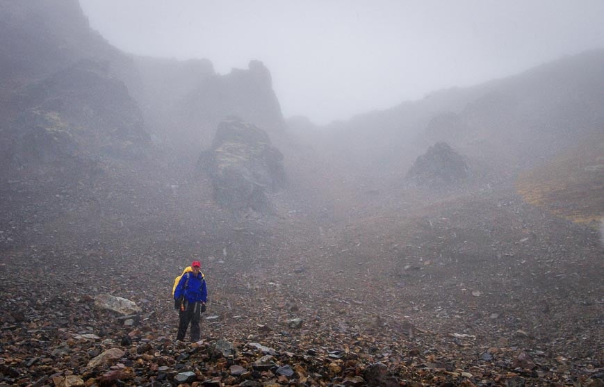 Heading down from Glissade Pass under very foggy conditions