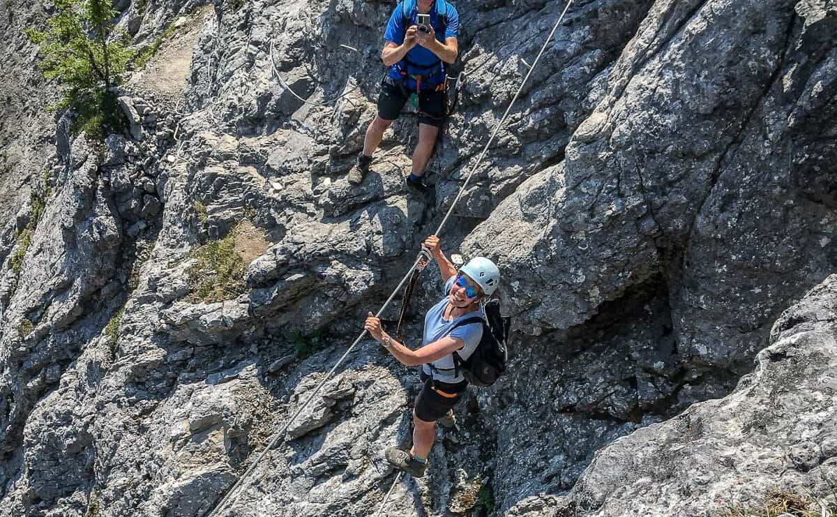 On the cable section of the Mt. Norquay via ferrata