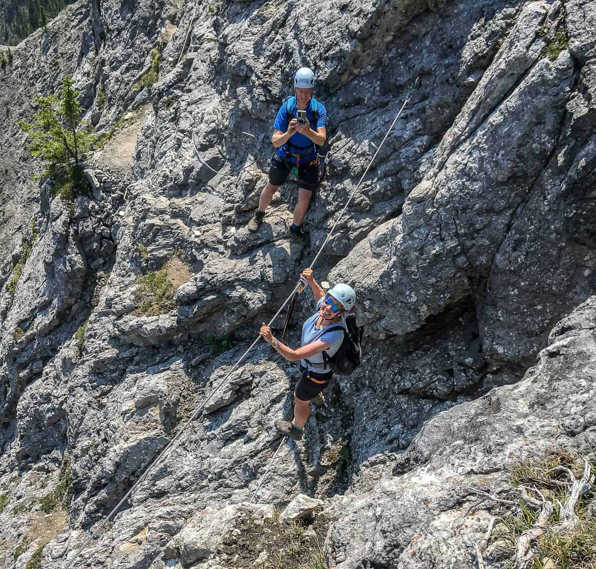 On the cable section of the Mt. Norquay via ferrata