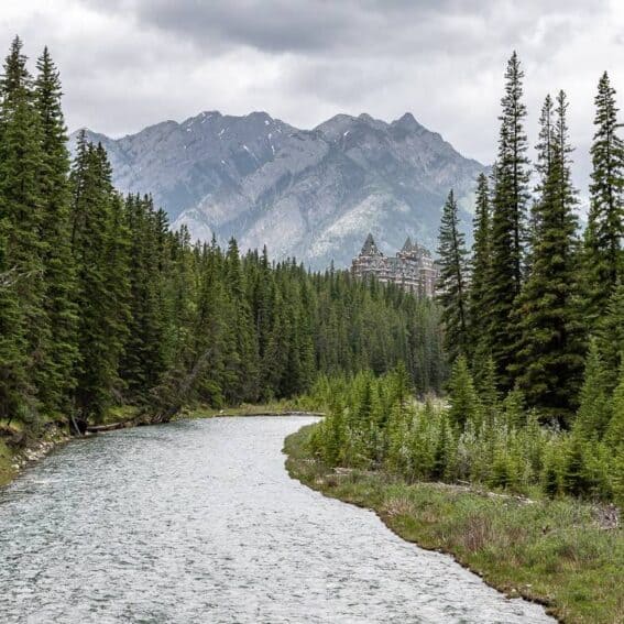 As you get close to the trailhead on the Spray River loop you can see the Banff Springs Hotel