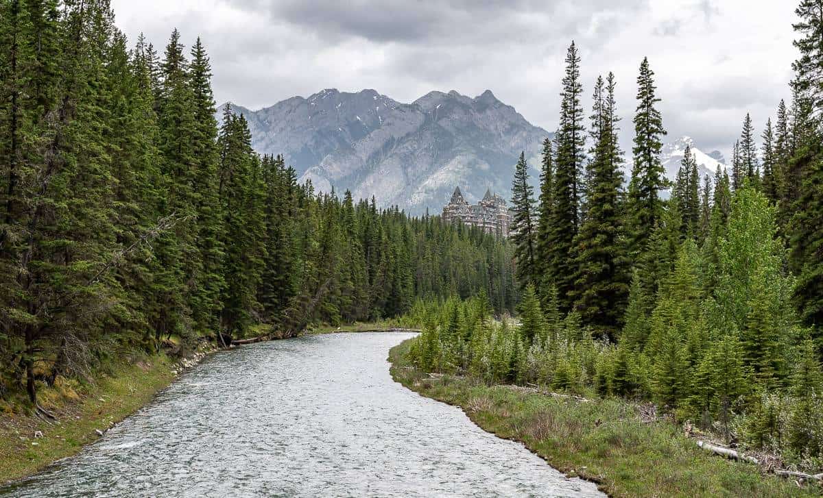 As you get close to the trailhead on the Spray River loop you can see the Banff Springs Hotel
