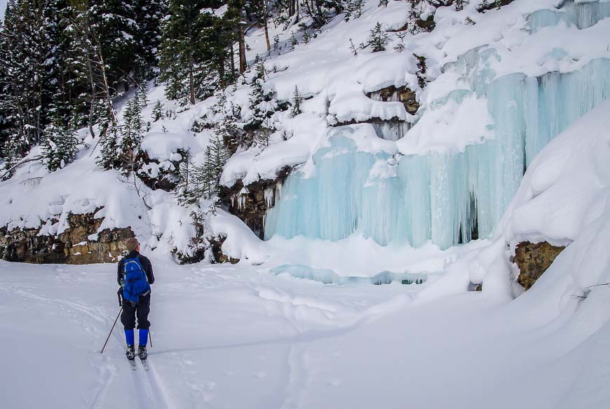 Massive frozen waterfalls can be seen along Boom Lake