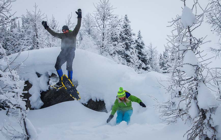 Small cliff jumping on snowshoes