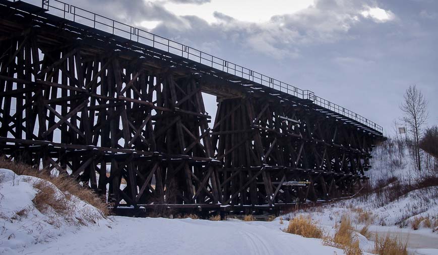 Enjoy cross country skiing under an old wooden trestle bridge in Camrose