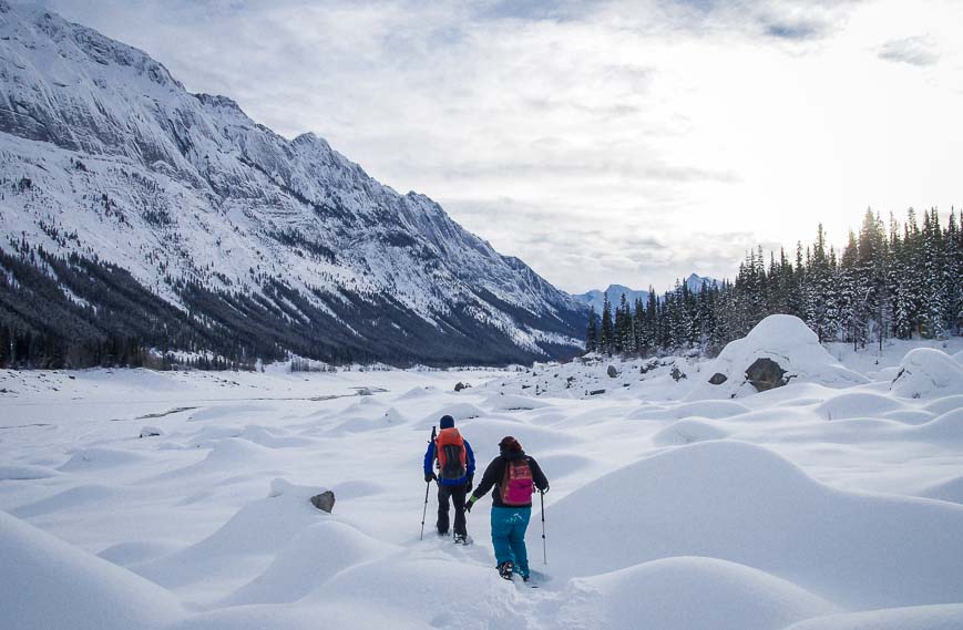 Snowshoeing through a jumble of boulders on the way to Medicine Lake