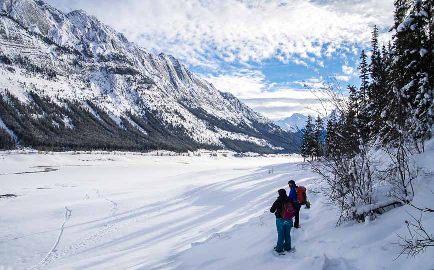 Snowshoeing alongside Medicine Lake