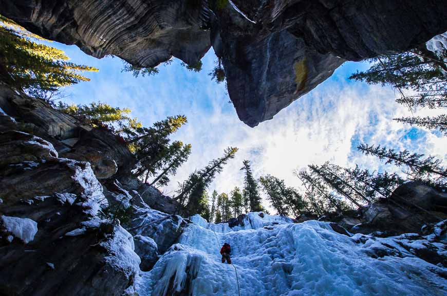 Max rappelling down the icefall - so we could start our ice climbing in Alberta experience
