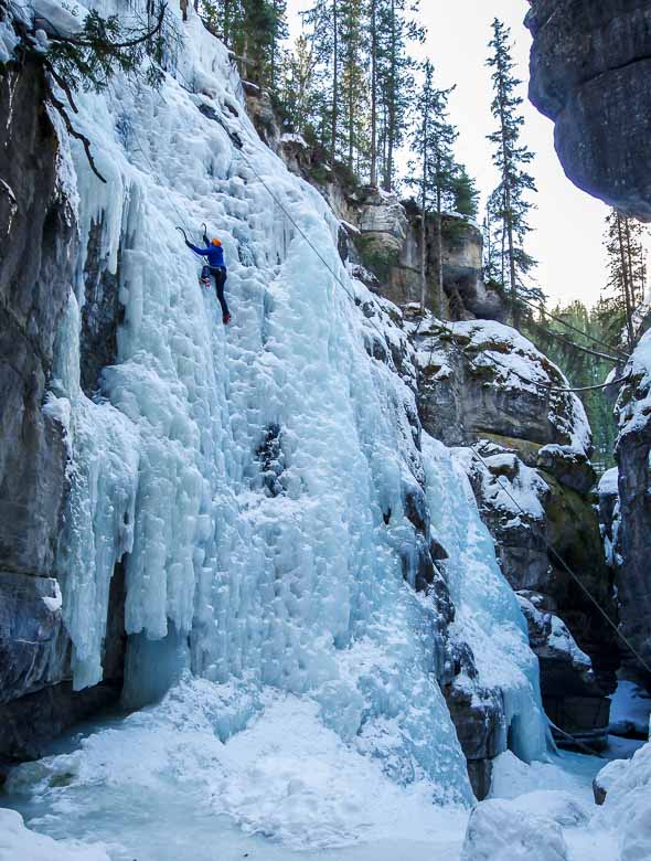 Me ice climbing in Alberta in the Maligne Canyon