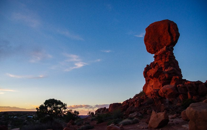 Balanced Rock looks like a figure in the fading light