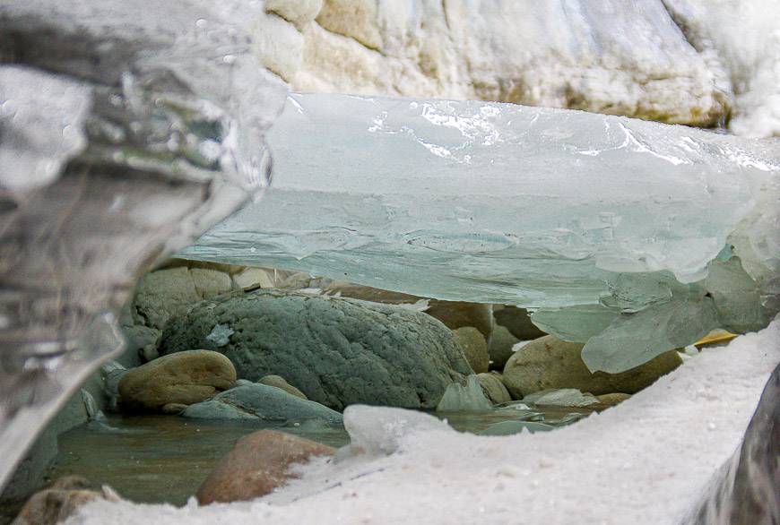 You can stand on this thick slab of ice in Maligne Canyon