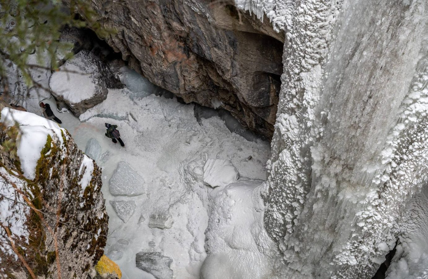 Looking down on people doing the Maligne Canyon Ice Walk