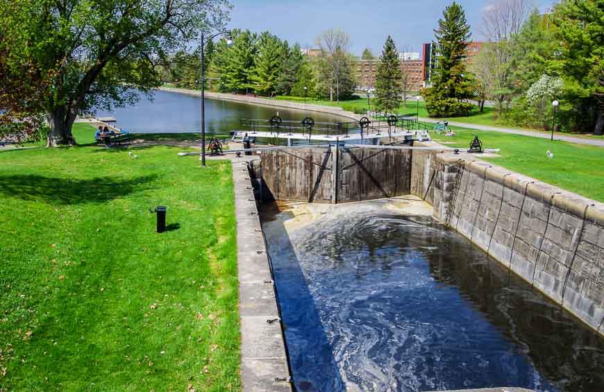 You can walk your bike across the Hartwell Locks to bike along the other side of the Rideau Canal