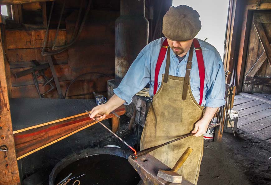 Making nails in a blacksmith shop at Fort Steele