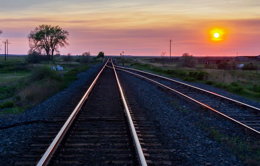 Sunset over the train tracks in Maple Creek