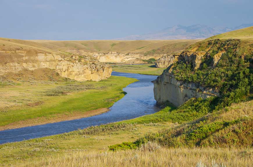 Looking south along the Milk River with the Sweet Grass Hills of Montana off in the distance