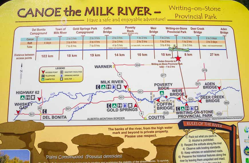 Map of the canoe trip on the Milk River in Alberta