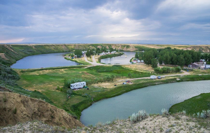 An aerial view of Gold Springs Park - our tents are the two along the river