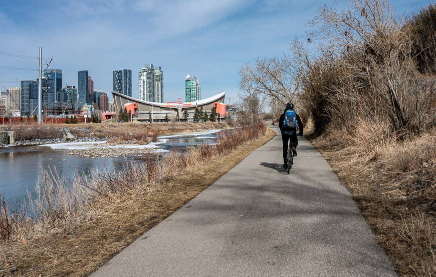 Biking the Elbow River trail on route to the Bow River near downtown Calgary