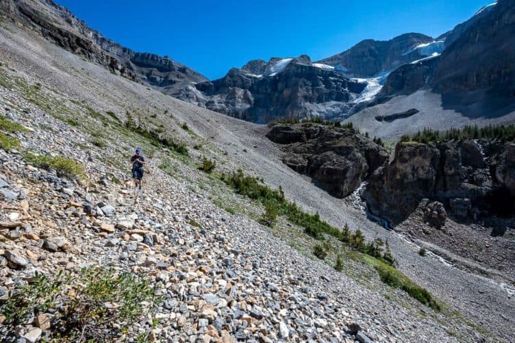 The descent on the Stanley Glacier hike involves some scree