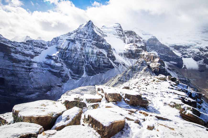 Big views from the summit at 9,000 feet; you can see the tea house at the Plain of Six Glaciers