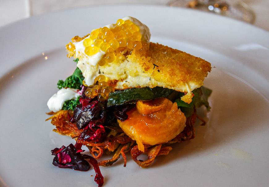 Pan seared Lake Kisseynew pike with panko crust, pickled beet slaw, organic wild rice potato latke with rhubarb relish