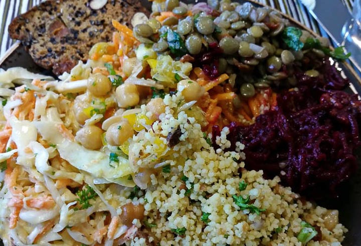 Salads chosen from the most visually appetizing salad bar I've ever seen