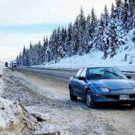 A dead car at the side of the Trans-Canada Highway near Golden