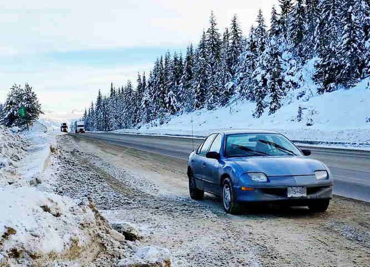 A dead car at the side of the Trans-Canada Highway near Golden