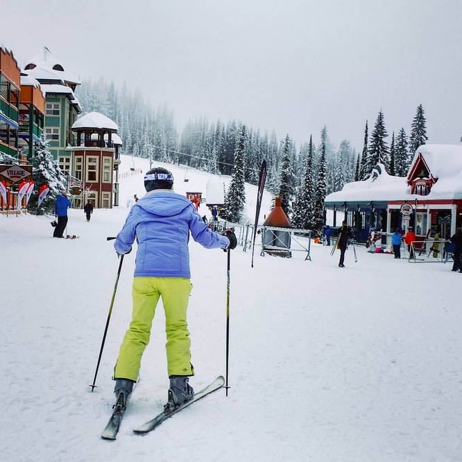 The village of Silver Star, the lifts and the houses on the mountain are all painted bright colours