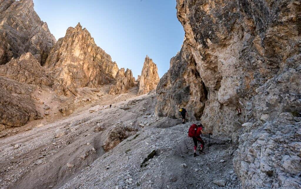 The hike up towards Rifugio Puez from the Schlueter Hut on the Alta Via 2 in the Dolomites - one of the exceptional treks in the world
