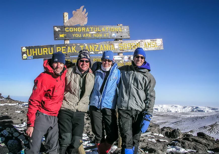 A happy group on top of Mt Kilimanjaro