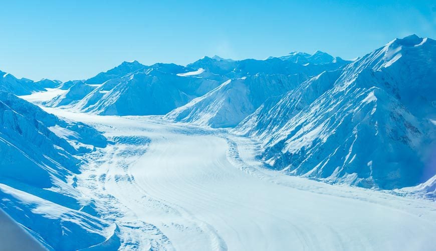 Massive glaciers are a common sight on a Kluane National Park flightseeing tour