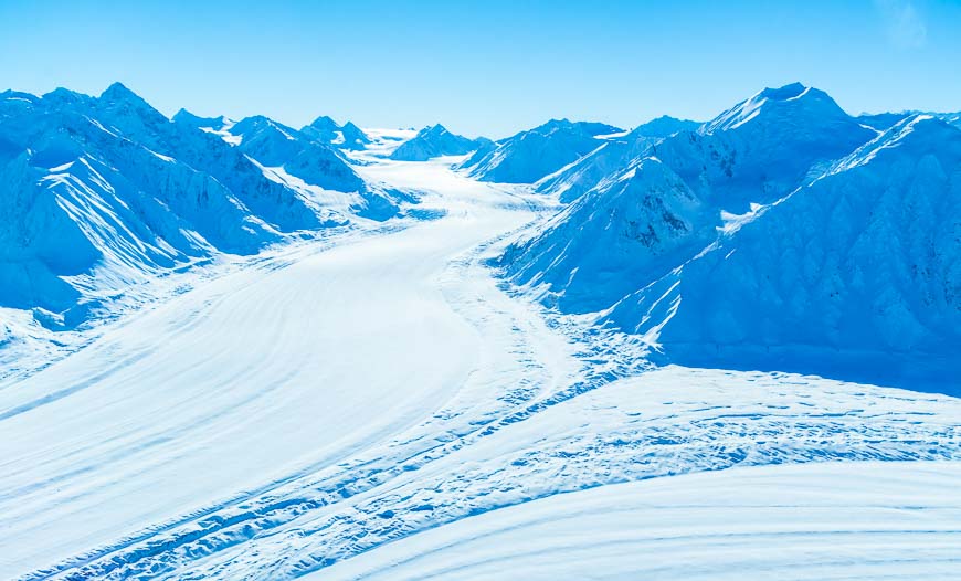 The confluence of two massive glaciers seen on a Kluane National Park flightseeing tour