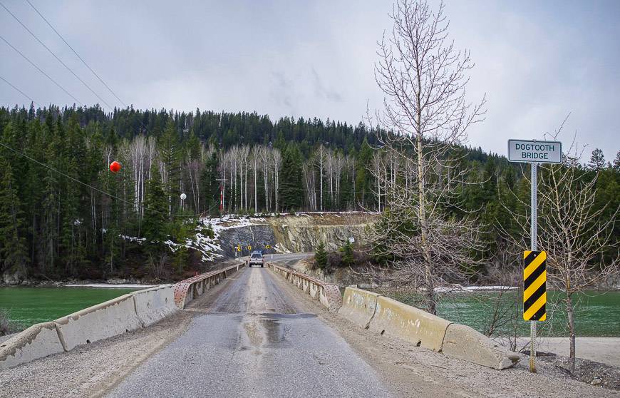 The one lane road on the Dogtooth Bridge is the only way to get to Kicking Horse Mountain Resort