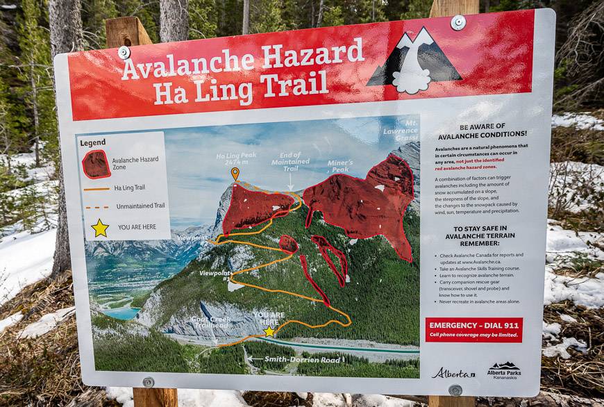 Route and warning sign at the Ha Ling Trailhead