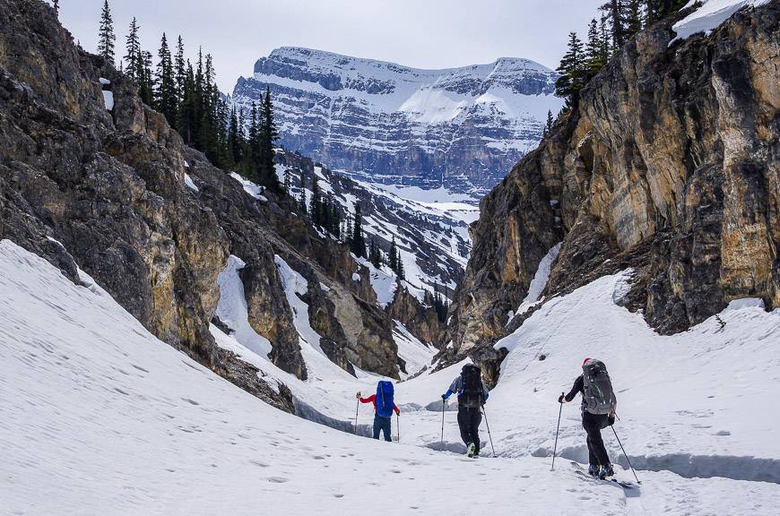 Skiing up the gorge on the way to Bow Hut