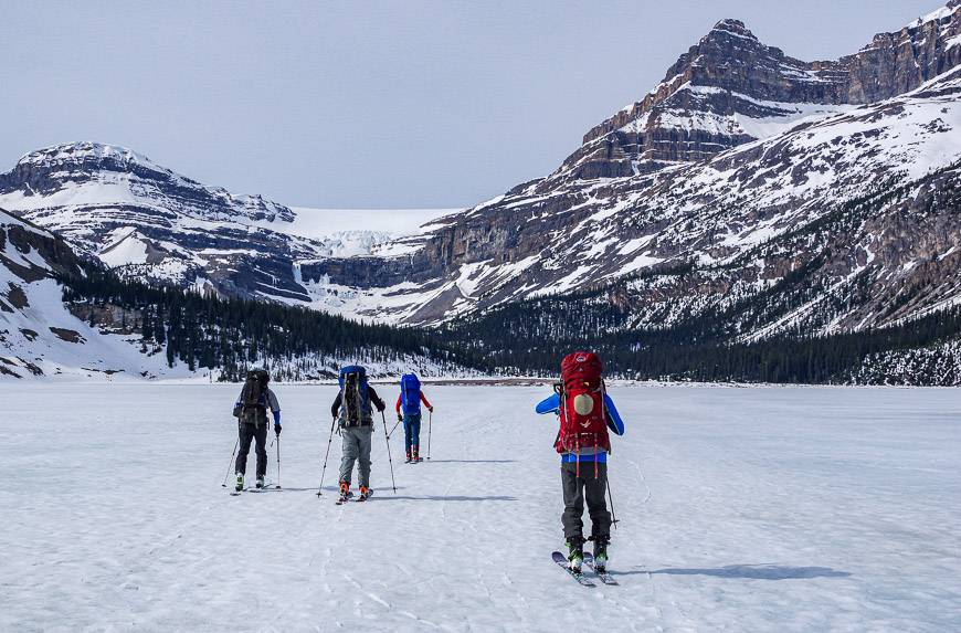 We start the trip by skiing across Bow Lake