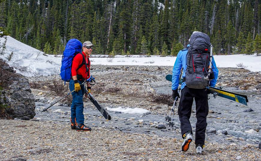 The first and easiest of about 8 stream crossings on the Wapta Traverse on the first AM