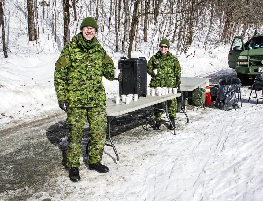 Drinks and hot chocolate thanks to the army volunteers enjoyed during the Canadian Ski Marathon