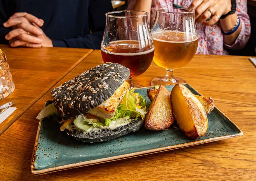 A fresh cod burger with local beer