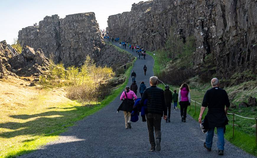 Visitors at Pingvellir National Park at the end of the day