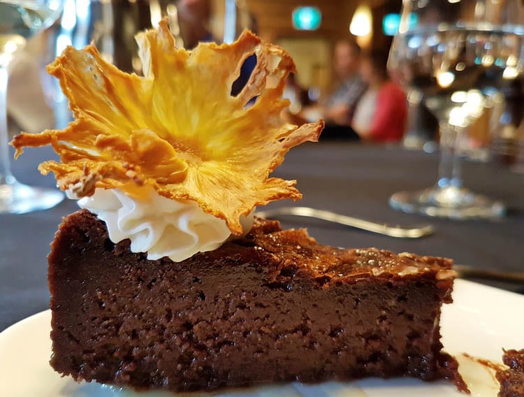 Creative desserts - that's a dried piece of pineapple on top of a chocolate cake