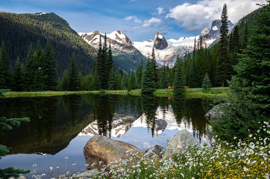 Morning view from the pond near the CMH Bugaboos Lodge